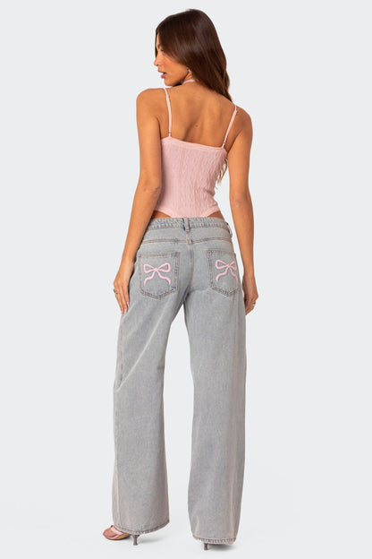 Wide Denim Jeans Women - Pink Bow - Regular Fit - Unique Details - Essential Elegance