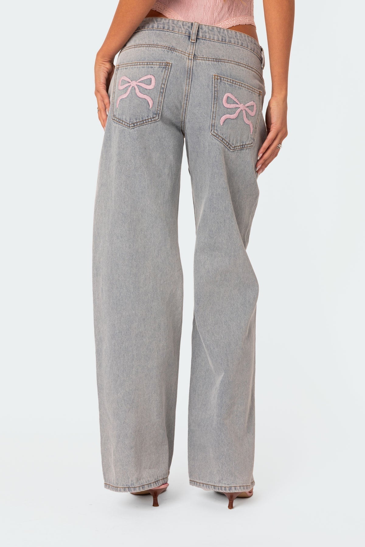 Wide Denim Jeans Women - Pink Bow - Regular Fit - Unique Details - Essential Elegance