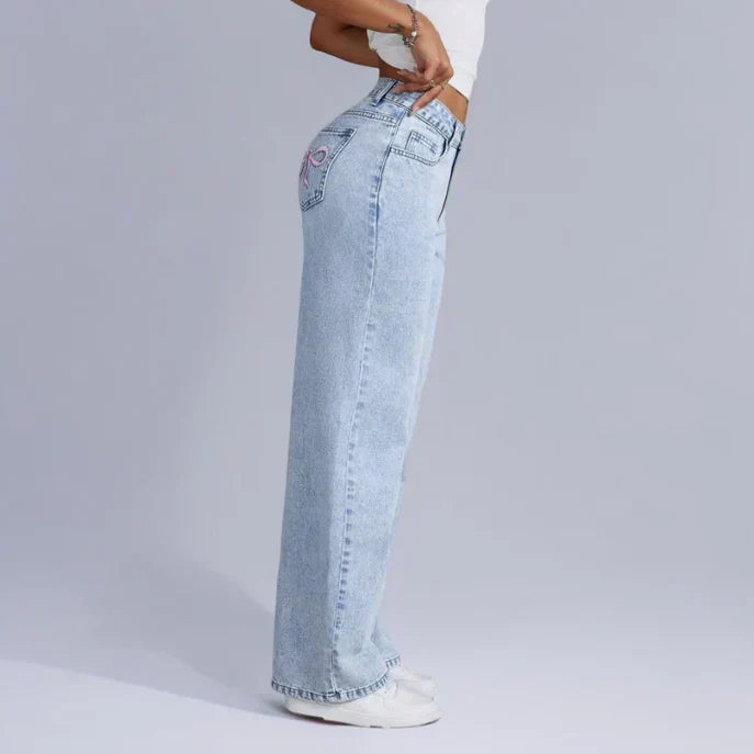 Wide Denim Jeans Women - Pink Bow - Regular Fit - Unique Details - Essential Elegance